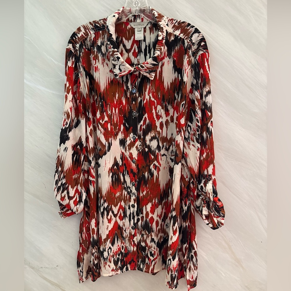 Multiples 3X  Black, Orange, Brown 3/4 Roll-Tab Sleeve Button Up Tunic Blouse